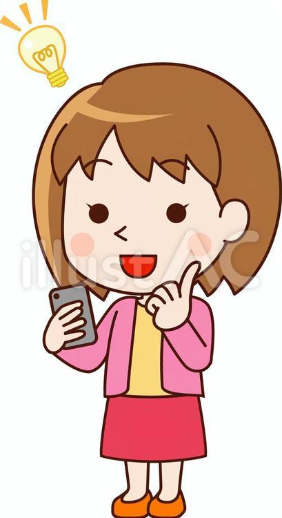 スマホを持ってひらめく主婦 スマホ,主婦,女性のイラスト素材