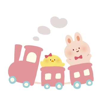 汽車に乗ったうさひよこ 汽車,乗り物,うさぎ,ひよこ,動物,絵本,ふんわり,可愛い,ゆるかわ,ゆるいのイラスト素材
