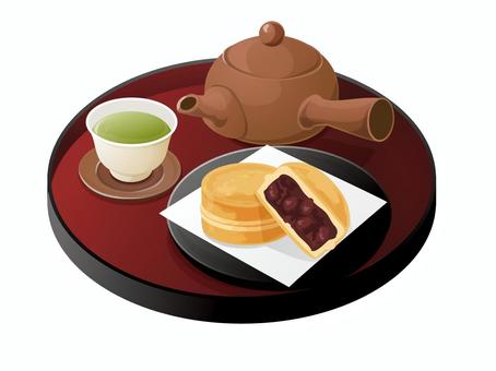 大判焼きとお茶1 大判焼き,今川焼き,あんこ,お茶,和菓子,料理,食べ物,皿,急須,湯呑みのイラスト素材