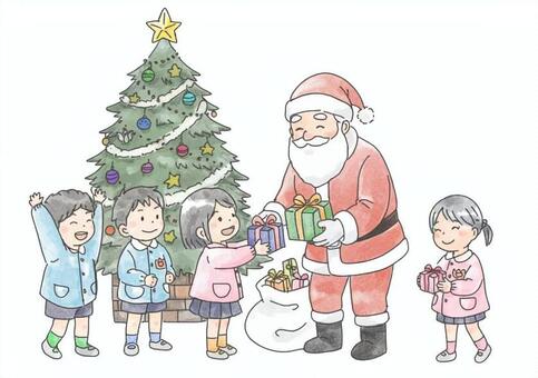 サンタからプレゼントをもらう子どもたち クリスマス,サンタクロース,プレゼント,クリスマスツリー,子ども,園児,幼稚園,保育園,制服,クリスマス会のイラスト素材