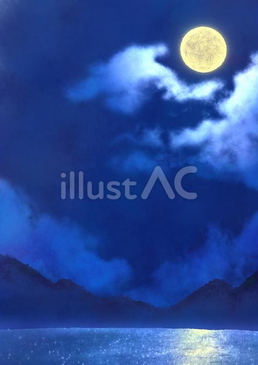 夜の湖と満月の光 月,満月,空のイラスト素材