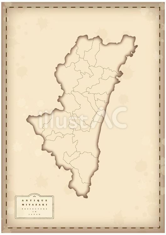 アンティーク風な宮崎県の地図 宮崎県,地図,宮崎市のイラスト素材