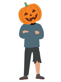 人物素材223＿カボチャ男・ハロウィン ハロウィン,ジャックオーランタン,カボチャ,人物,男性,手描き,かぼちゃ,キャラクター,イラスト,被り物のイラスト素材