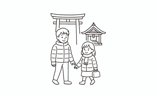 初詣に行くカップルの線画イラスト 初詣に行くカップルの線画イラスト 人物,正月,日本人,神社,初詣,鳥居,カップル,祈願,冬,モノクロのイラスト素材