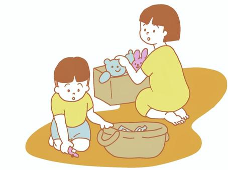片付けをする子供 片付け,おもちゃ,ぬいぐるみ,ミニカー,箱,子供,姉弟,男の子,女の子,かわいいのイラスト素材