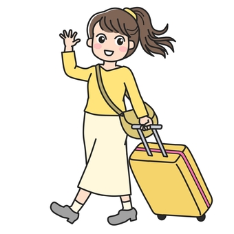 明るい色のキャリーケースを持って歩く女子 キャリーバッグ,帰省,スーツケース,キャリーケース,トランク,荷物,旅行かばん,運搬,移動,歩行のイラスト素材