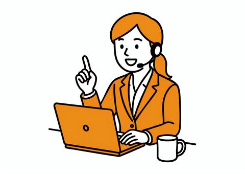 女性オペレーターのオンラインサポート 女性,インカム,オペレーター,ノートパソコン,仕事中,テレワーク,笑顔,ジェスチャー,説明,接客業のイラスト素材
