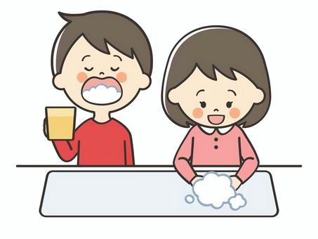 手洗いうがいをするこどもたち 女の子,男の子,男女,手洗い,手,洗う,うがい,綺麗,食中毒,女子のイラスト素材