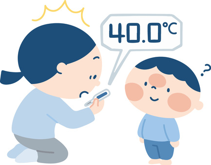 子どもの熱が高くて驚く親のイラスト 熱,高熱,病気,体温計,子ども,お母さん,母,親,保育園,幼稚園のイラスト素材