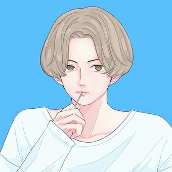 Illustration, brown hair, white, light blue, 