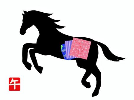 2026年賀状　馬（千代紙） 馬,年賀状,午年,午,千代紙,折り紙,干支,十二支,和柄,花柄のイラスト素材