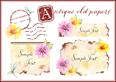 お花とアンティークペーパー／フレーム素材 アンティーク,ペーパー,花,フラワー,紙,フレーム,飾り枠,背景,ヴィンテージ,古い紙のイラスト素材
