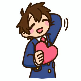 赤色のハートチョコをもらった笑顔の男性