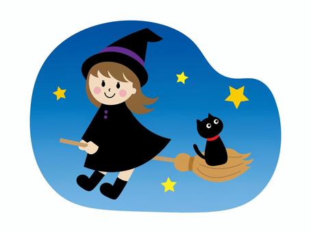 ハロウィン魔女のイラスト 秋,ハロウィン,魔女,黒猫,猫,ほうき,星,かわいい,イラスト,素材のイラスト素材