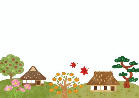 背景　秋の風景　水彩 秋,背景,紅葉,コスモス,あしらい,家,木,柿,おしゃれ,手描きのイラスト素材