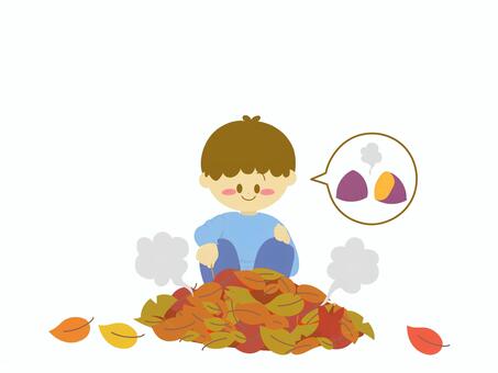 落ち葉で焼き芋をする男の子 焼き芋,落ち葉,落ち葉遊び,秋,子ども,男の子,秋の味覚,さつまいも,自然,自然遊びのイラスト素材