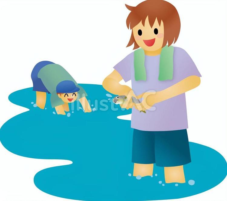 魚つかみをする子どもたち 魚つかみ,魚つかみ取り,川遊びのイラスト素材