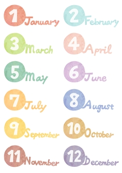 カレンダータイトル文字12ヶ月 カレンダー,月表示,タイトル,12ヶ月,1年間,文字,数字,英語,イメージ,カラーのイラスト素材