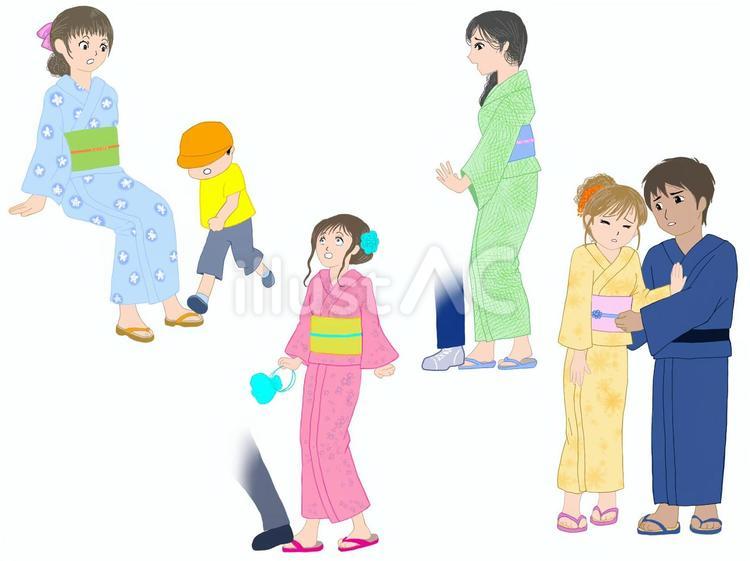 夏祭りで足を踏まれてしまった浴衣の女性 女性,人物,浴衣のイラスト素材