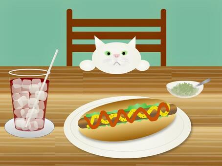 ホットドッグと猫 猫,ホットドッグ,パン,炭酸,氷,ドリンク,ピクルス,ケチャップ,マスタード,椅子のイラスト素材