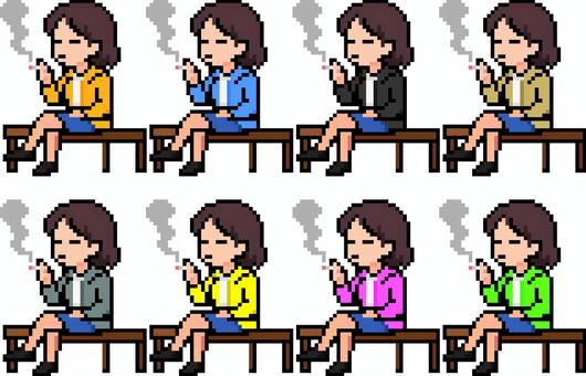 ドット絵の煙草で寛ぐ女性です。 ドット絵,煙草,シンプル,寛ぐ,喫煙,リラックス,ベンチ,一服,休憩,ストレス解消のイラスト素材