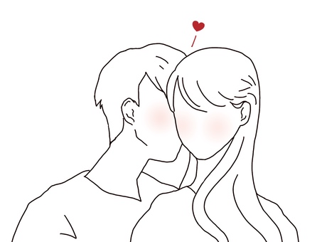 カップルイラスト カップル,男女,キス,恋人,夫婦,照れる,2人,バストアップ,線画,白塗りのイラスト素材
