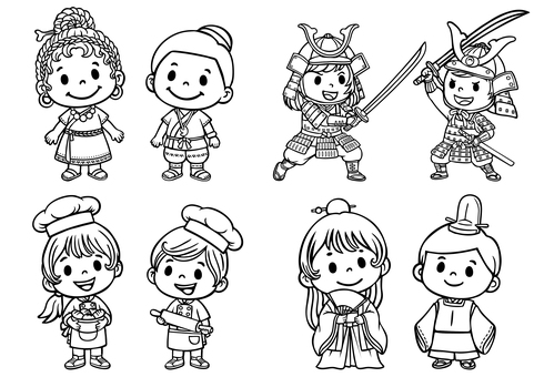 子供職業体験（白黒）-6 武将,姫武将,甲冑,兜,縄文人,縄文時代,石器時代,平安時代,貴族,束帯のイラスト素材