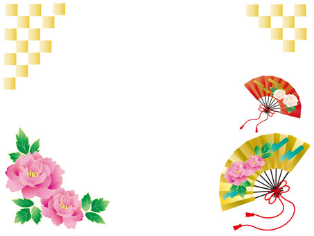 お正月ぼたんと扇子のポストカードフレーム お正月,ポストカード,フレーム,ぼたん,扇子,お祝い,縁起,華やか,日本,壁紙のイラスト素材