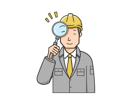 現場の検査をしている作業着の会社員 現場監督,点検,虫眼鏡,ヘルメット,手描き,働く,工場,勤務,制服,作業員のイラスト素材