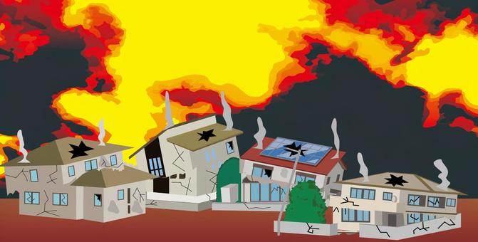 火災住宅地　 火災,災害,燃える,住宅地,一軒家,戸建,屋根,建物,崩れるのイラスト素材