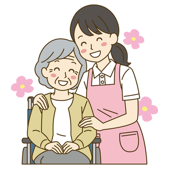 笑顔の女性介護士と車椅子の高齢者女性 介護,介護士,介護福祉士,ヘルパー,笑顔,高齢者,女性,車椅子,寄り添う,老人ホームのイラスト素材