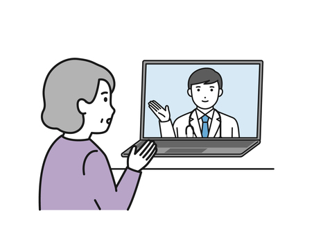 オンライン診療　シニア オンライン診療,診察,カウンセリング,シニア,女性,医師,白衣,パソコン,医療,リモートのイラスト素材