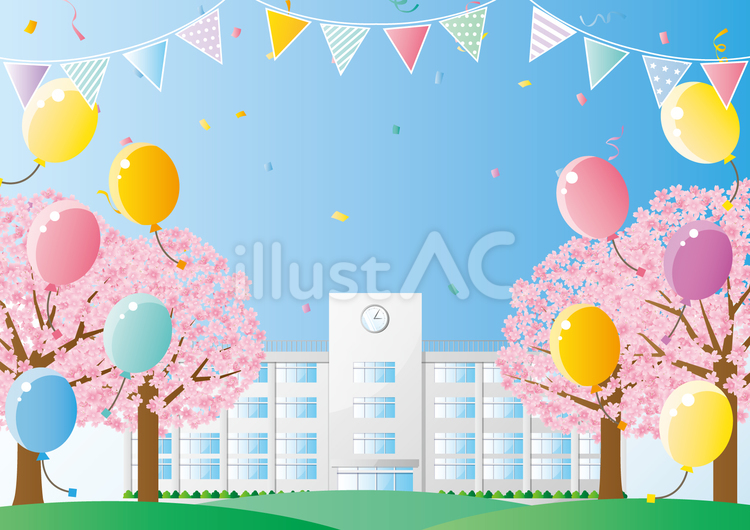 ポップな学校の入学式のイメージ背景素材 春,桜,木のイラスト素材