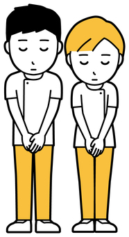  理学療法士の男女(黄)-006-全身 おじぎ,理学療法士,男女,医療,病院,クリニック,整体師,柔道整復師,鍼灸師,人物のイラスト素材