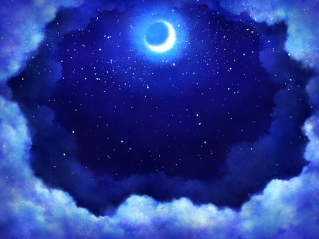 三日月と雲のベール【1】月の吐息 三日月,夜,幻想的,神秘的,ミステリアス,空,ブルー系,水彩風,ファンタジー,静寂のイラスト素材