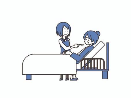 お婆さん（ベッド・青） お婆さん,老人,女性,介護,介護士,食事,ベッド,人物,シンプル,ベクターのイラスト素材
