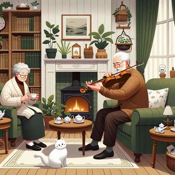 Life with the elderly, violin, and fireplace, senior citizens, fireplace, violin, JPG