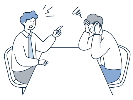 激しく叱責する男性と落ち込む男性 人物,男性,ビジネス,叱責,注意,指導,パワハラ,メンタル,ハラスメント,トラブルのイラスト素材