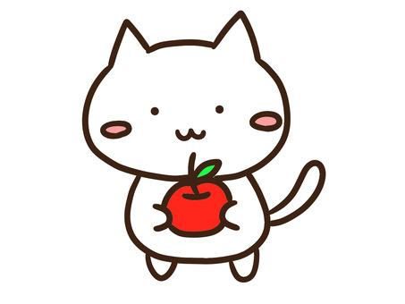 赤いりんごを持ったかわいい白ねこ
