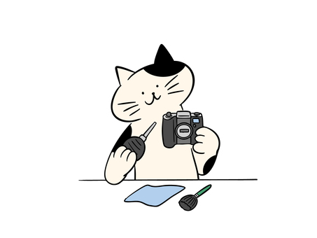 カメラの手入れをする猫（カラー） 猫,カメラ,カメラマン,フォトグラファー,一眼レフ,ミラーレス,清掃,ブロアー,クリーニング,クロスのイラスト素材