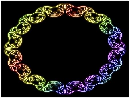 猫のフレ−ム　ネオン　楕円形　虹色 猫,フレーム,ポストカード,メッセージカード,飾り枠,あしらい,かわいい,笑顔,ネオン,グラデーションのイラスト素材