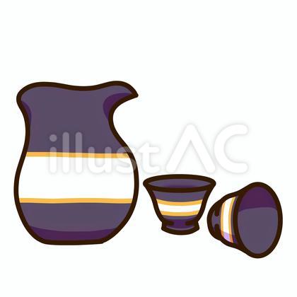 紫色に白線の背の低い徳利と2つのお猪口2