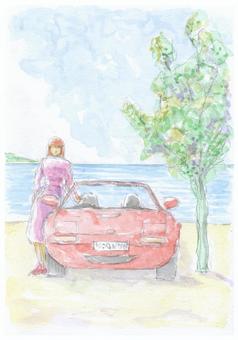 Illustration, car, girl, sea, 