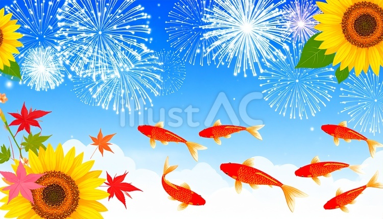 金魚　暑中見舞い　和柄 ヒマワリ,黄色,夏祭りのイラスト素材
