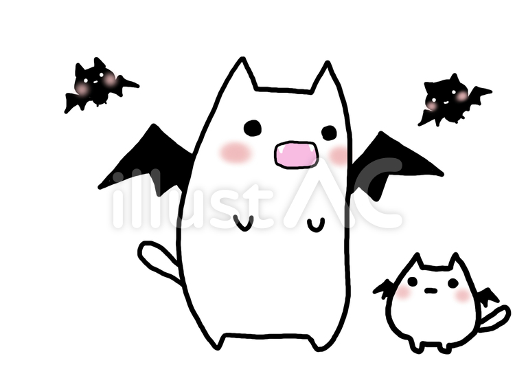 コウモリと羽生えた白ネコイラスト - No: 23101675｜無料イラスト