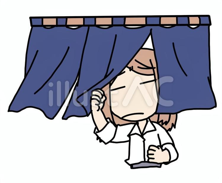 暖簾を不満顔でくぐる女性 笑顔,暖簾,のれんのイラスト素材