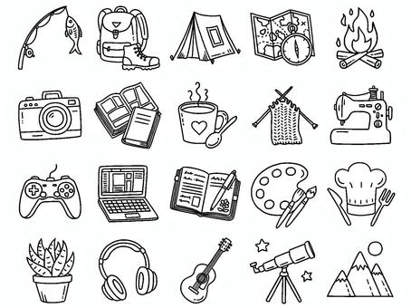 趣味のアイコンセット アウトドア,釣り,山登り,登山,リュック,キャンプ,テント,地図,コンパス,焚き火のイラスト素材