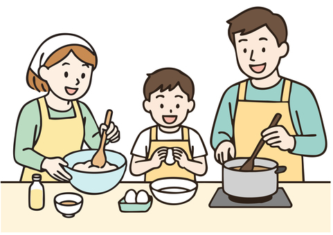 楽しく料理をする親子・パパとママと息子