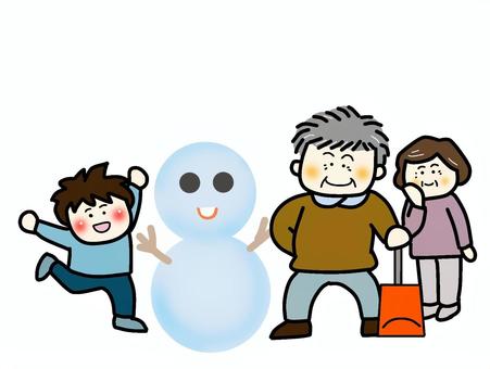 孫の帰省 孫,お爺さん,お婆さん,雪だるま,遊び,家族のイラスト素材