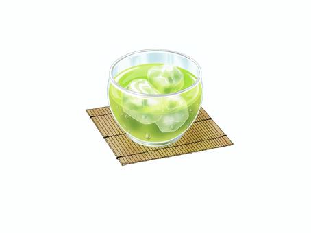 すだれコースターに乗せた冷たい緑茶 お茶,緑茶,夏,冷たい,飲み物,氷,コップ,ガラス,コースター,すだれコースターのイラスト素材